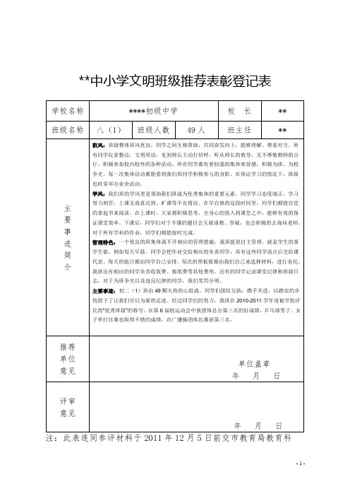 中小学文明班级推荐表彰登记表