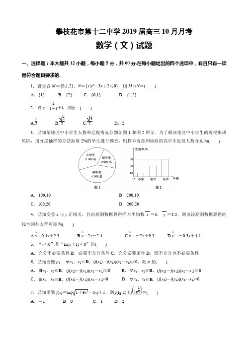 四川省攀枝花市第十二中学2019届高三10月月考数学(文)试卷(含答案)