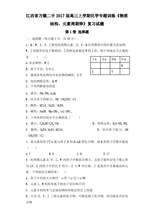 江西省万载二中2017届高三上学期化学专题训练《物质结构、元素周期律》复习试题