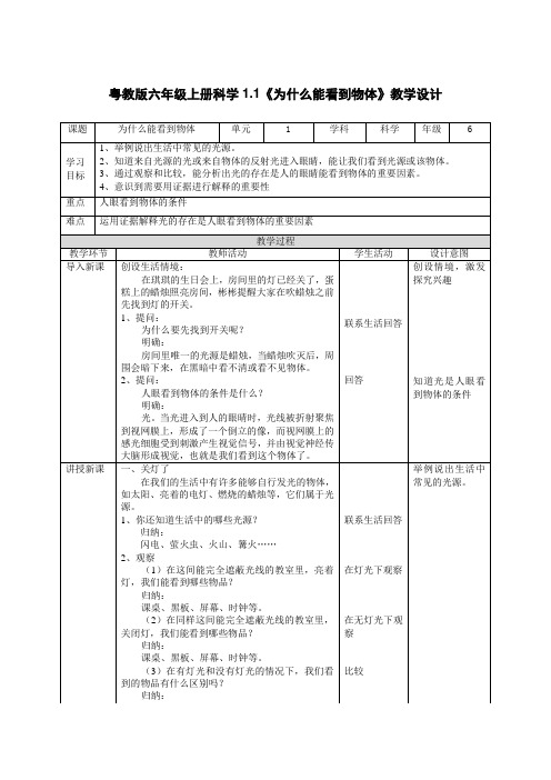 粤教版六年级上册科学第1单元第1课《为什么能看到物体》教学设计