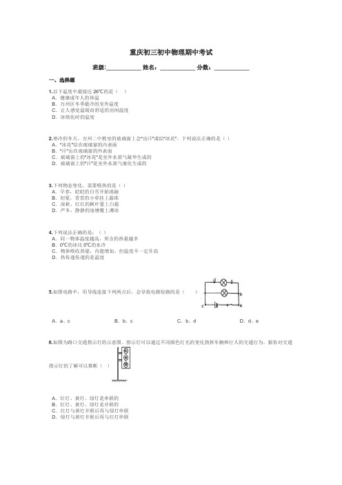 重庆初三初中物理期中考试带答案解析
