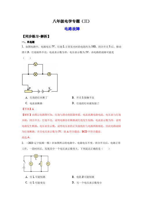 八年级电学专题3-电路故障(练习)-2023-2024学年八年级科学上册讲练课堂(浙教版)