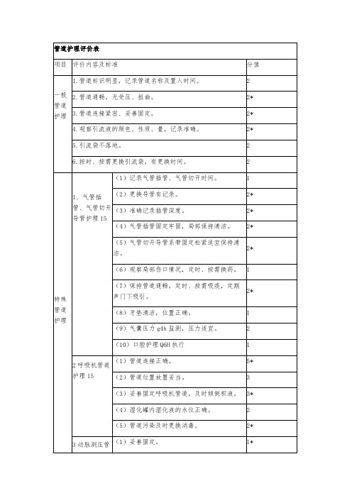 重症监护病房(ICU)管道护理评价表