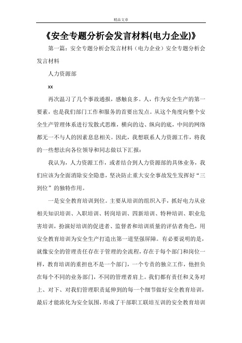 《安全专题分析会发言材料(电力企业)》