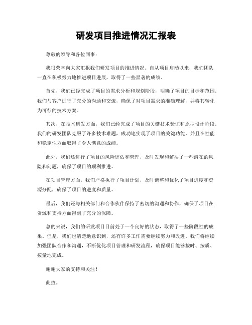 研发项目推进情况汇报表