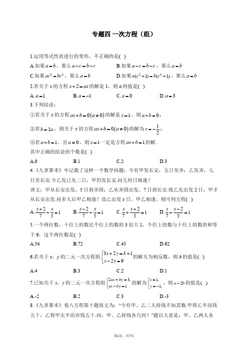 2023年人教版中考数学一轮复习专题练习(含答案)——专题四 一次方程