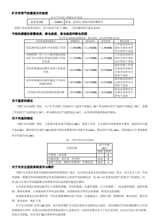 矿井有害气体最高允许浓度、温度、风速的规定