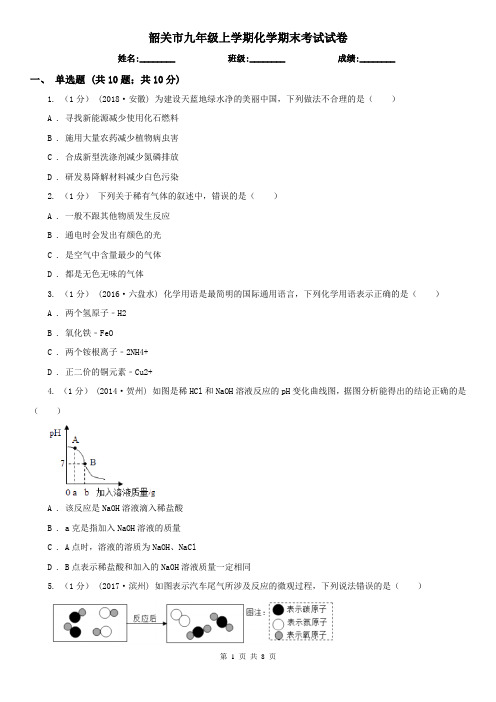 韶关市九年级上学期化学期末考试试卷 