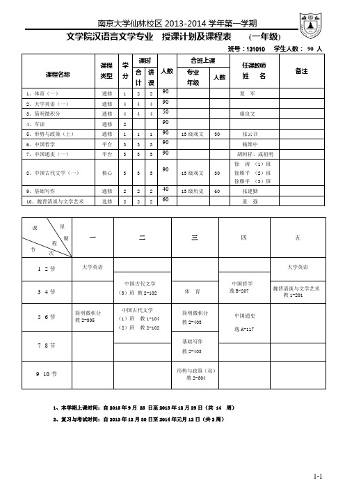 文学院汉语言文学专业 授课计划及课程表 (一年级)