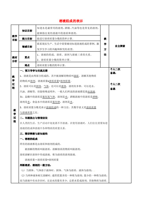 江苏省2019届九年级化学全册第六章溶解现象6.2溶液组成的表示教案1新版沪教版18