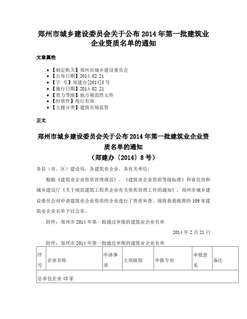 郑州市城乡建设委员会关于公布2014年第一批建筑业企业资质名单的通知