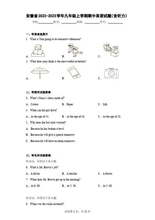 安徽省2022-2023学年九年级上学期期中英语试题(含答案)