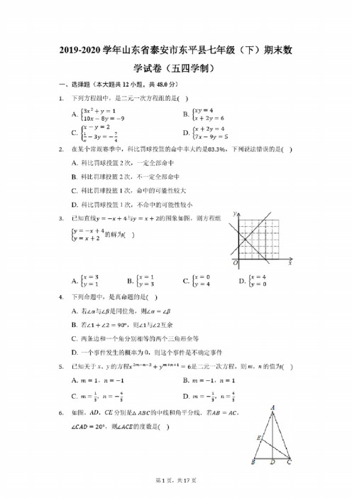 2019-2020学年山东省泰安市东平县七年级（下）期末数学试卷（五四学制）