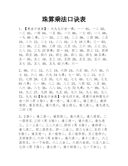 珠算乘法口诀表