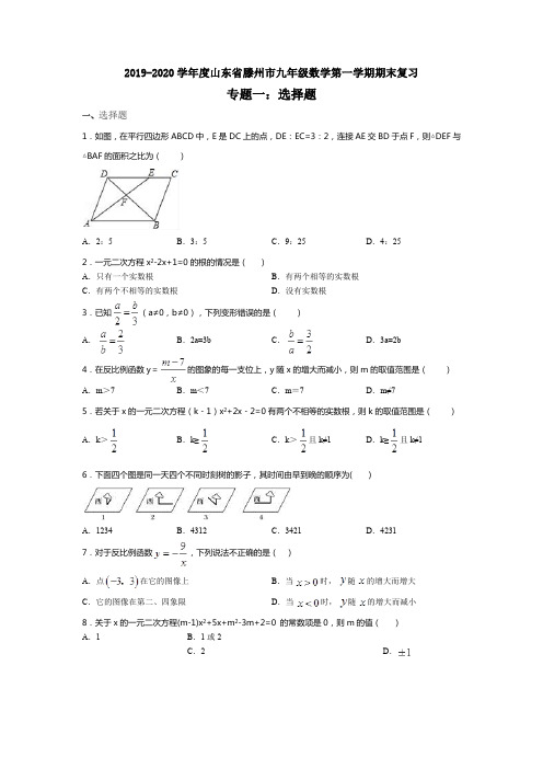 2019-2020学年度山东省滕州市九年级数学第一学期期末复习专题一：选择题