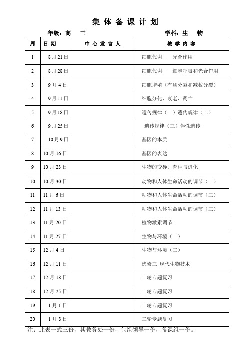 高三上集体备课计划和教学进度表