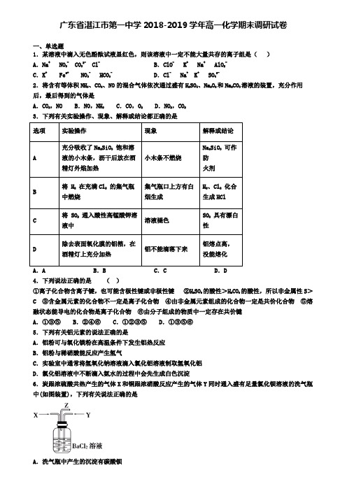 广东省湛江市第一中学2018-2019学年高一化学期末调研试卷