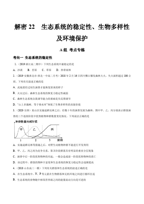 高中生物高考解密22 生态系统的稳定性、生物多样性及环境保护(分层训练)(原卷版)