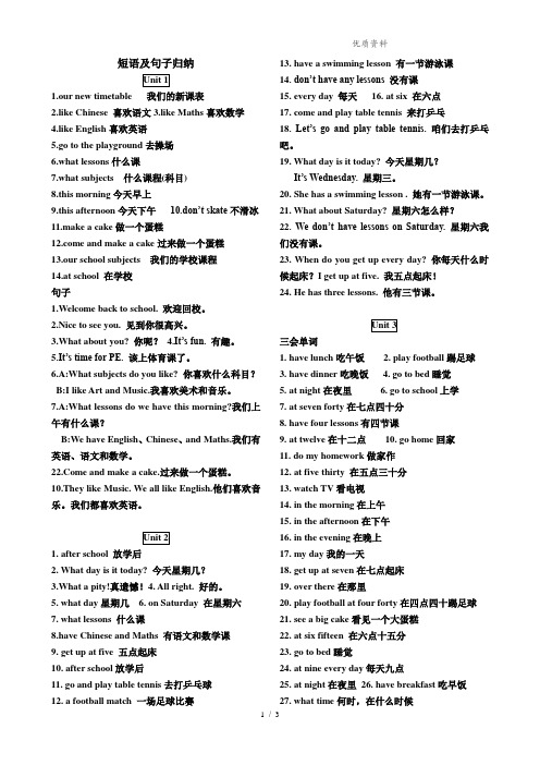 2021年新译林版英语4B1-8单元短语及句子归纳整理