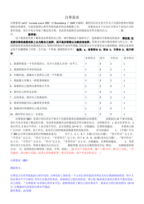 自尊量表(SES)、家庭教养方式量表(EMBU)及评分标准试卷教案