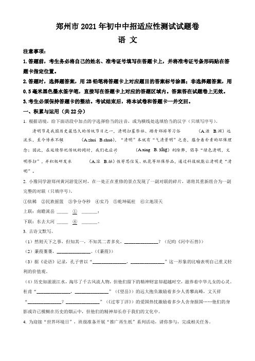 河南省郑州市2021年初中中招适应性测试语文试题(含答案与解析)