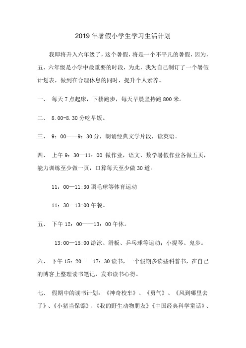 2019年暑假小学生学习生活计划