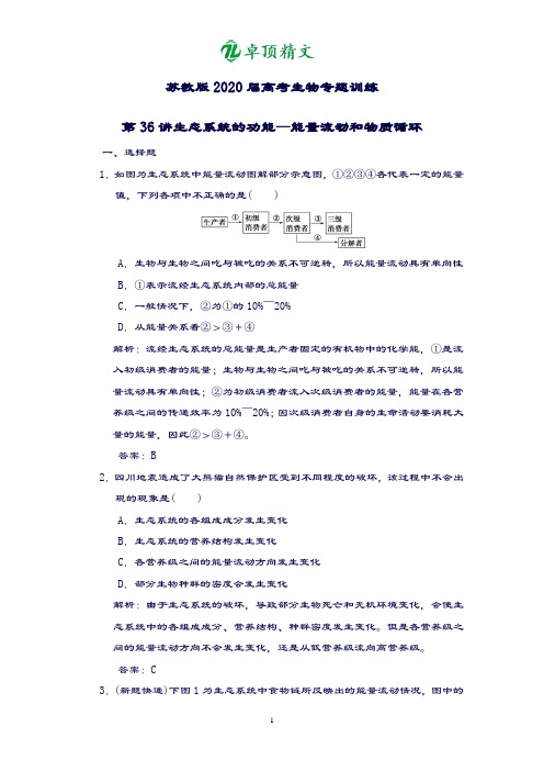 【名师推荐】苏教版2020届高考生物专题训练第36讲生态系统的功能—能量流动和物质循环.doc