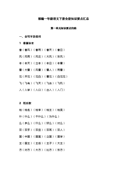 部编一年级语文下册全册知识要点汇总