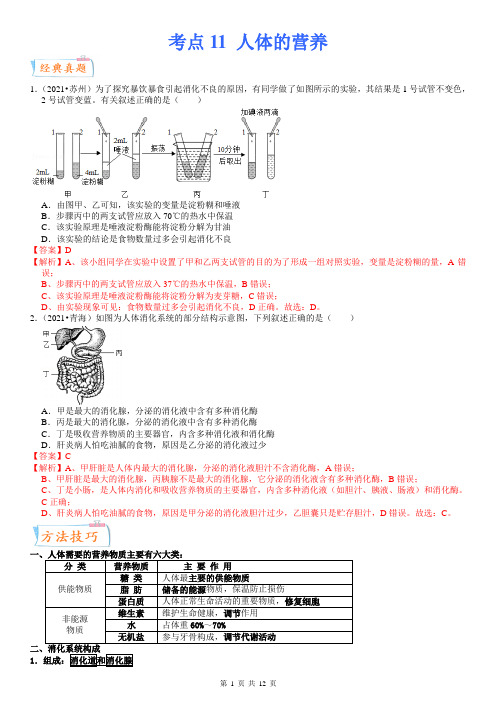 中考生物一轮复习考点微专题考点11 人体的营养