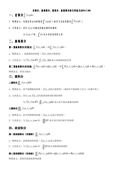 定积分、曲线积分、重积分、曲面积分的几何意义(2014.1.25)