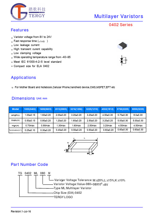 贴片压敏电阻TG0402型号参数规格书