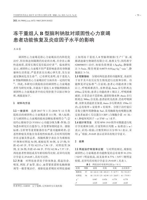 冻干重组人B型脑利钠肽对顽固性心力衰竭患者功能恢复及炎症因子