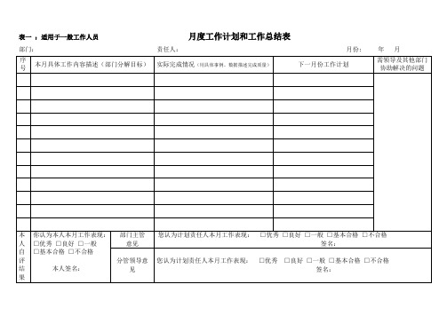 月度工作计划和工作总结表