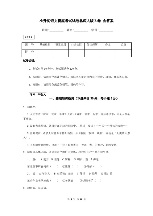 小升初语文摸底考试试卷北师大版B卷 含答案
