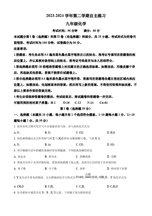 江苏省无锡市2023-2024学年九年级下学期3月月考化学试卷(原卷版)