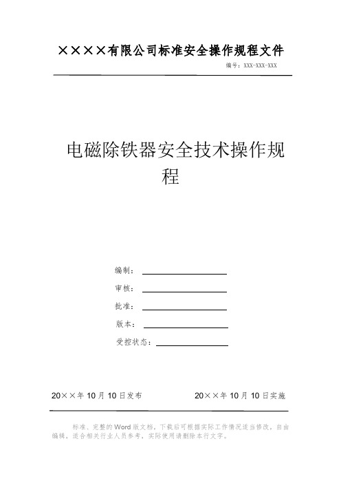 电磁除铁器安全技术操作规程 安全操作规程 岗位作业指导书 岗位操作规程 