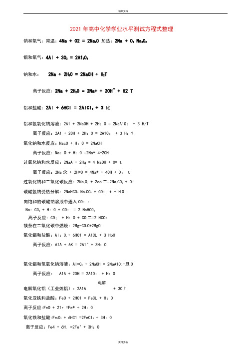 2021年高中化学学业水平测试方程式整理