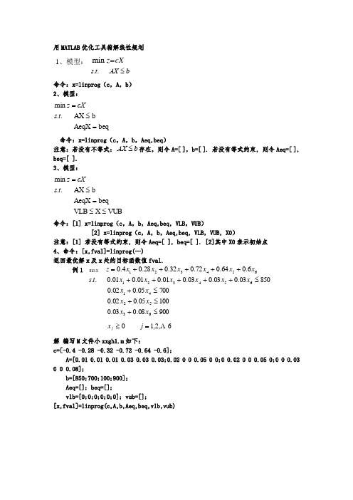 用MATLAB优化工具箱解线性规划