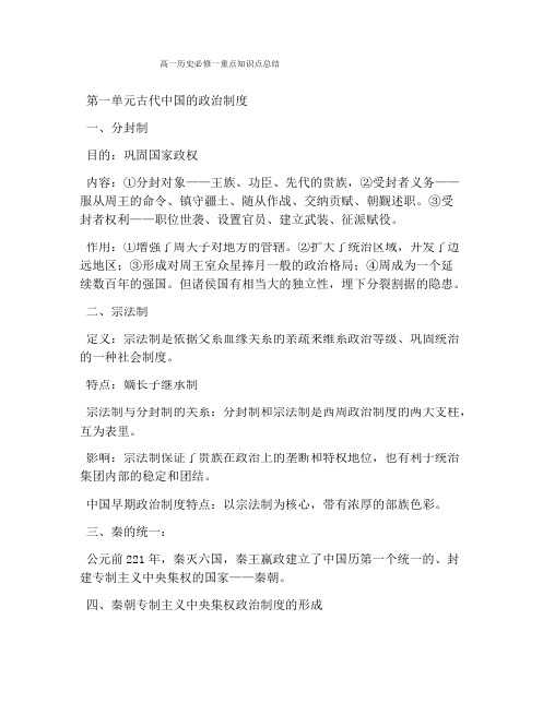 高一历史必修一重点知识点总结