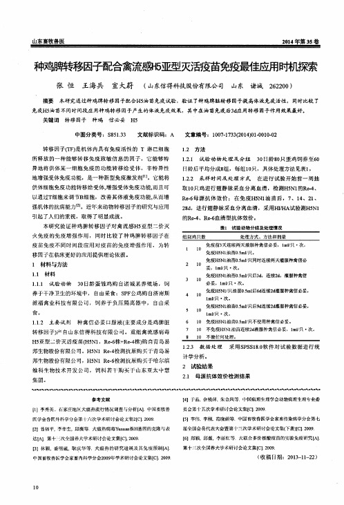 种鸡脾转移因子配合禽流感H5亚型灭活疫苗免疫最佳应用时机探索