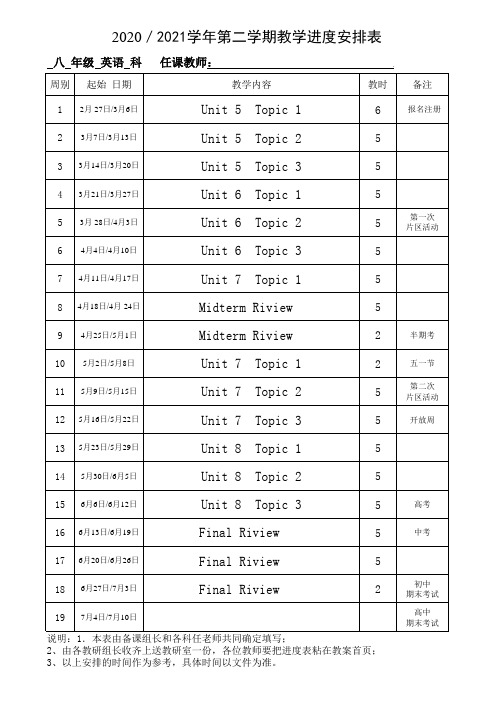 【进度安排表】2020／2021学年第二学期教学进度安排表