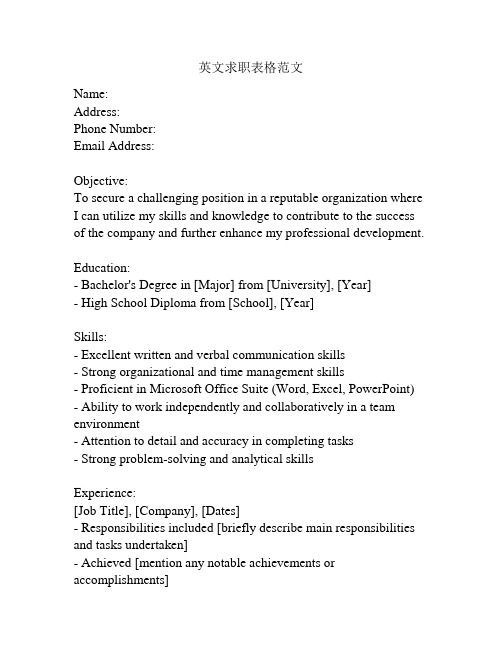 英文求职表格范文