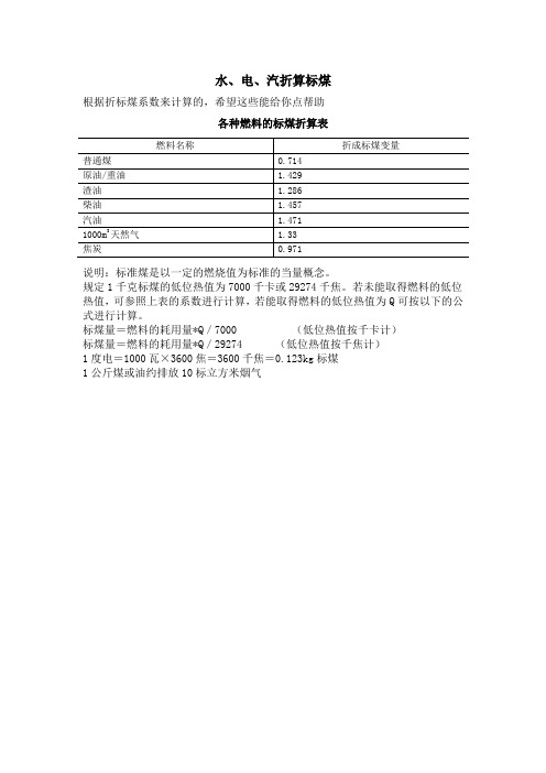 水、电、汽折算标煤