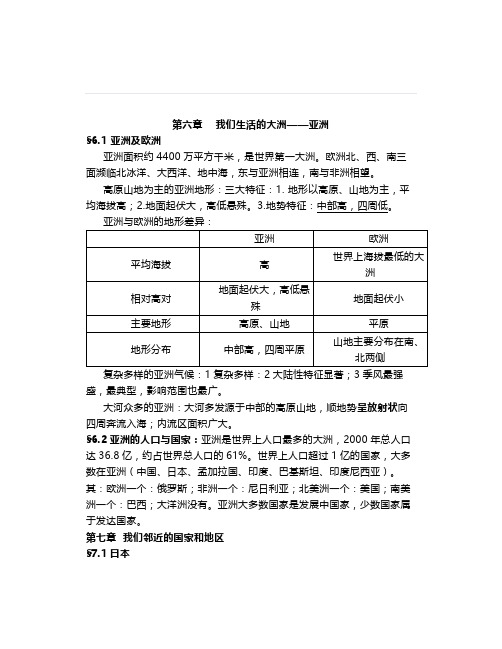 初中地理复习提纲七年级下册