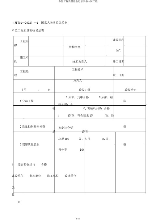 单位工程质量验收记录表格人防工程