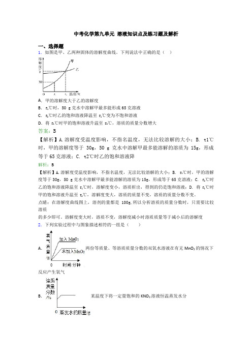 中考化学第九单元 溶液知识点及练习题及解析