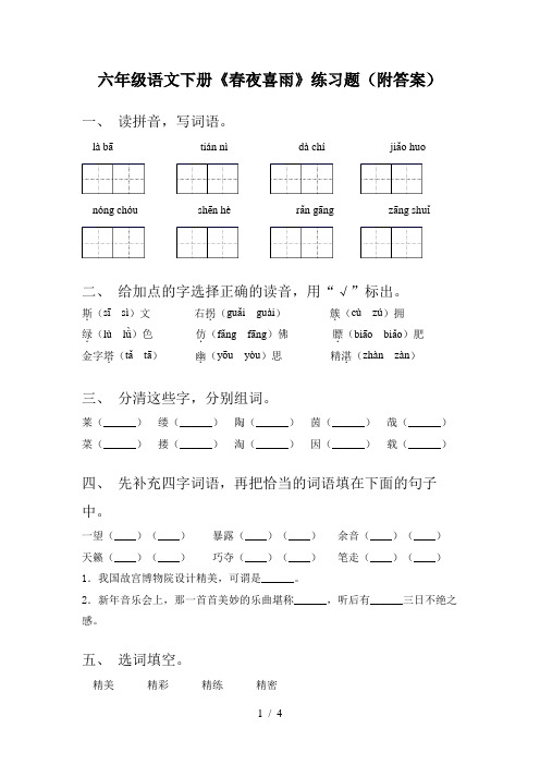 六年级语文下册《春夜喜雨》练习题(附答案)