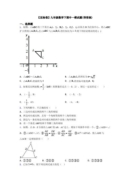 【压轴卷】九年级数学下期中一模试题(带答案)