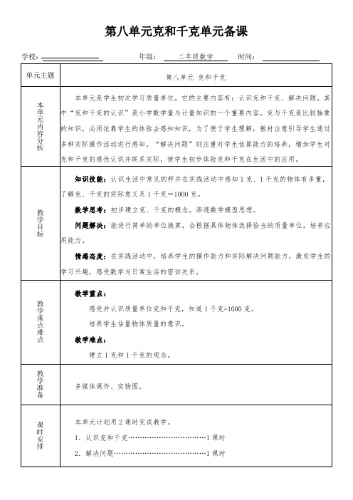 二年级数学下册第八单元《克和千克》单元备课(集体备课)