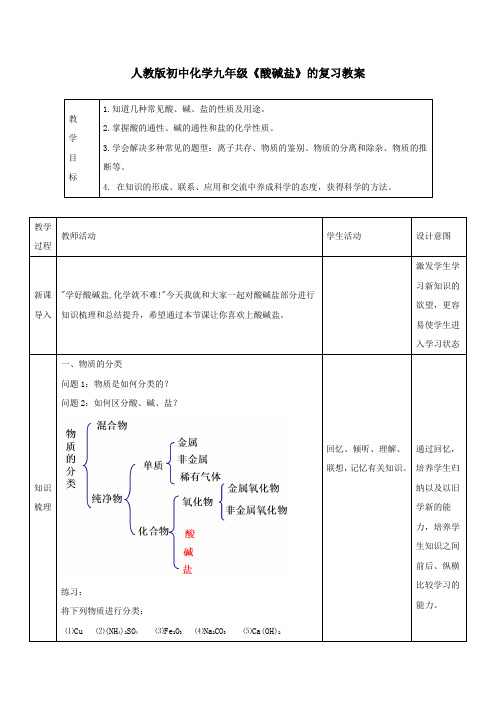 人教版初中化学九年级 酸碱盐复习教案设计